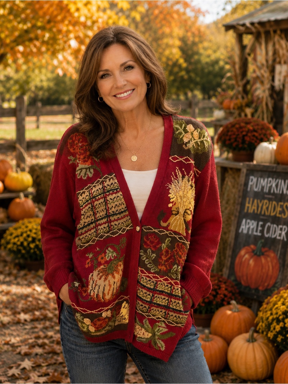 Vtg Jantzen Red Embroidered Fall Sweater Sz M/L Grannycore Thanksgiving